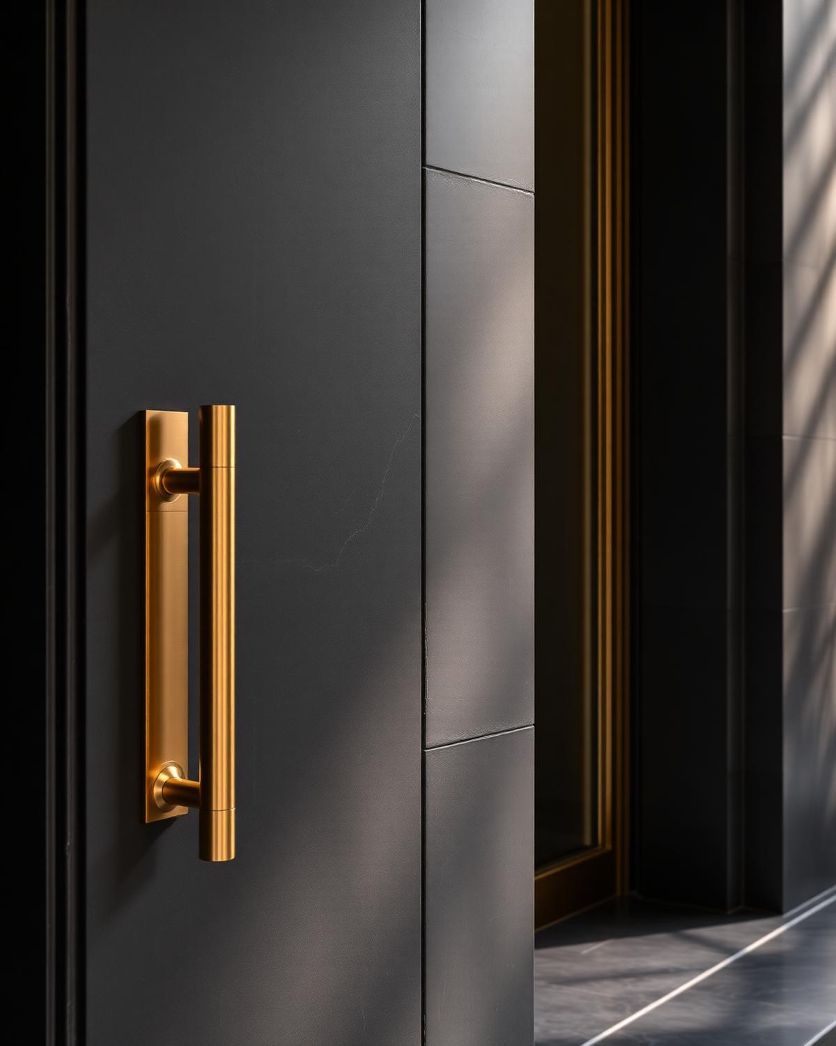 Brushed brass handle on a charcoal stone door